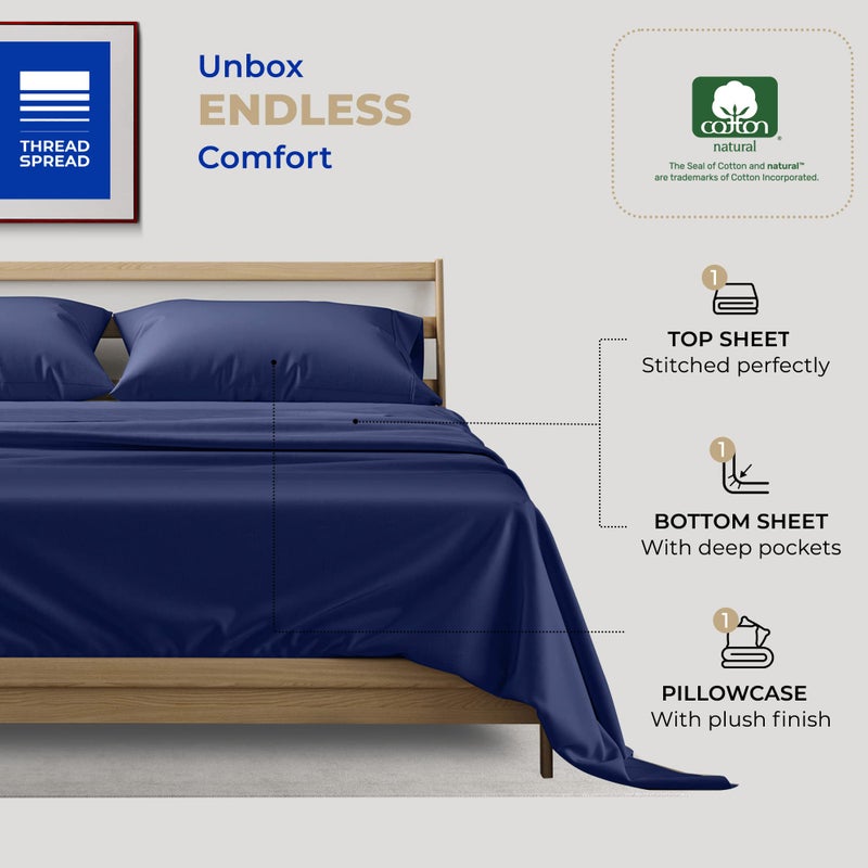 THREAD SPREAD 100% Cotton Sheets Twin Size - 400 Thread Count Cotton Bed Sheets Twin, 3 PC Set (Navy Blue), Luxury Soft, Breathable, Cooling, Sateen Weave 16" Deep Pocket Bedsheet for Dorm Rooms - Image 3